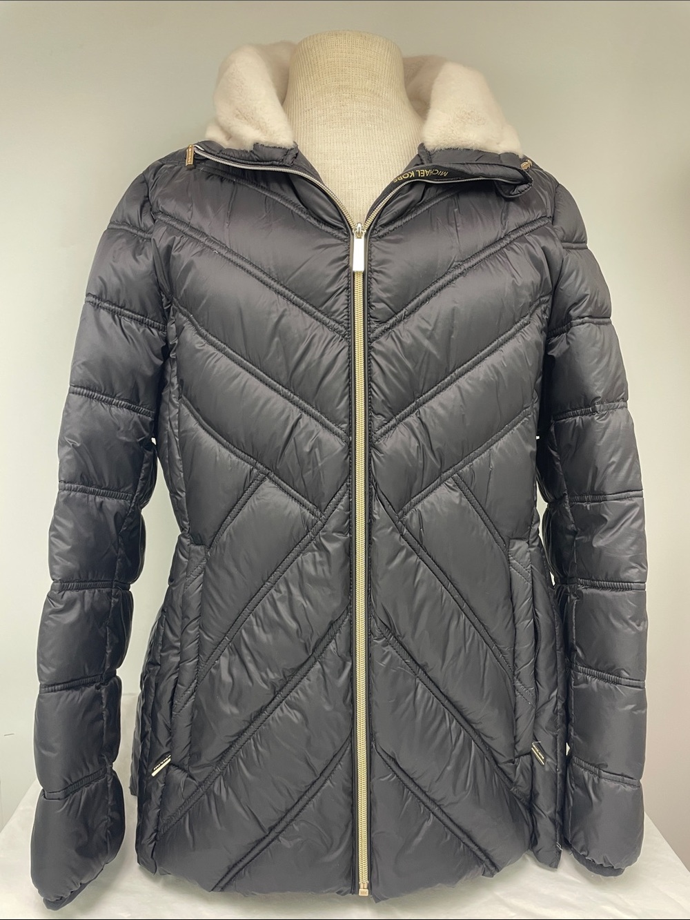 Michael Kors Black Quilted Puffer with Cream Sherpa Collar